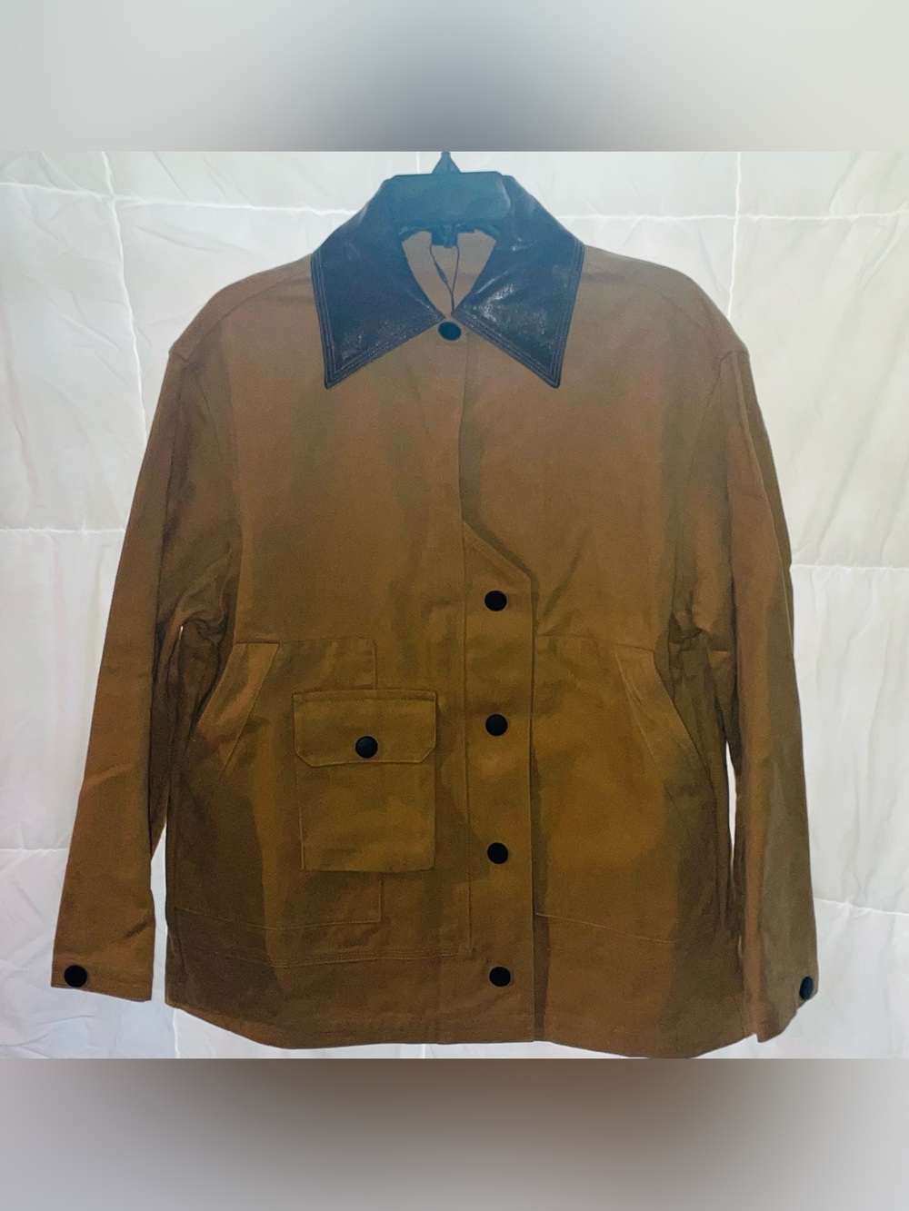 NWT Yigal Azrouël Khaki Canvas Utility Jacket with Leather Collar - Size 6
